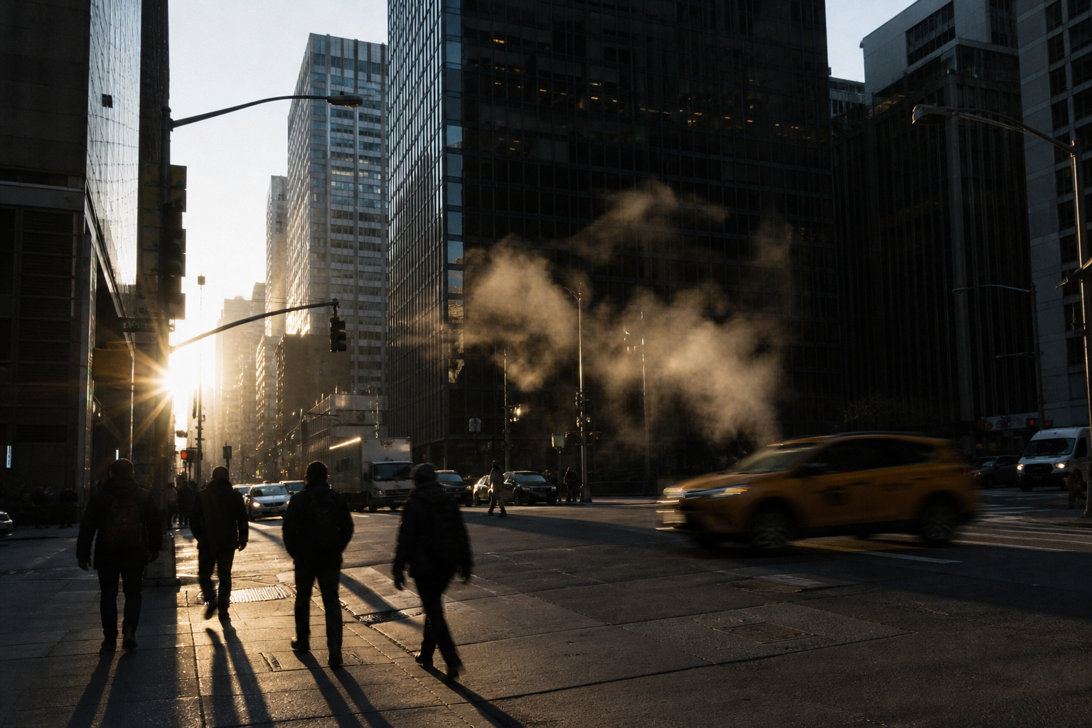 Morning city street outside office towers