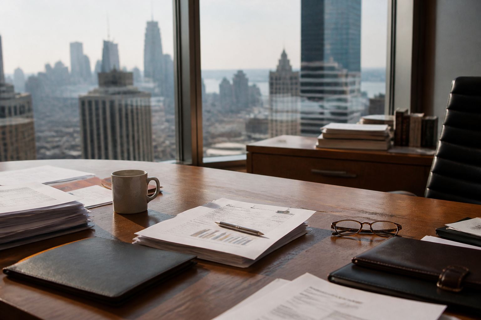 Organized executive desk overlooking a city skyline
